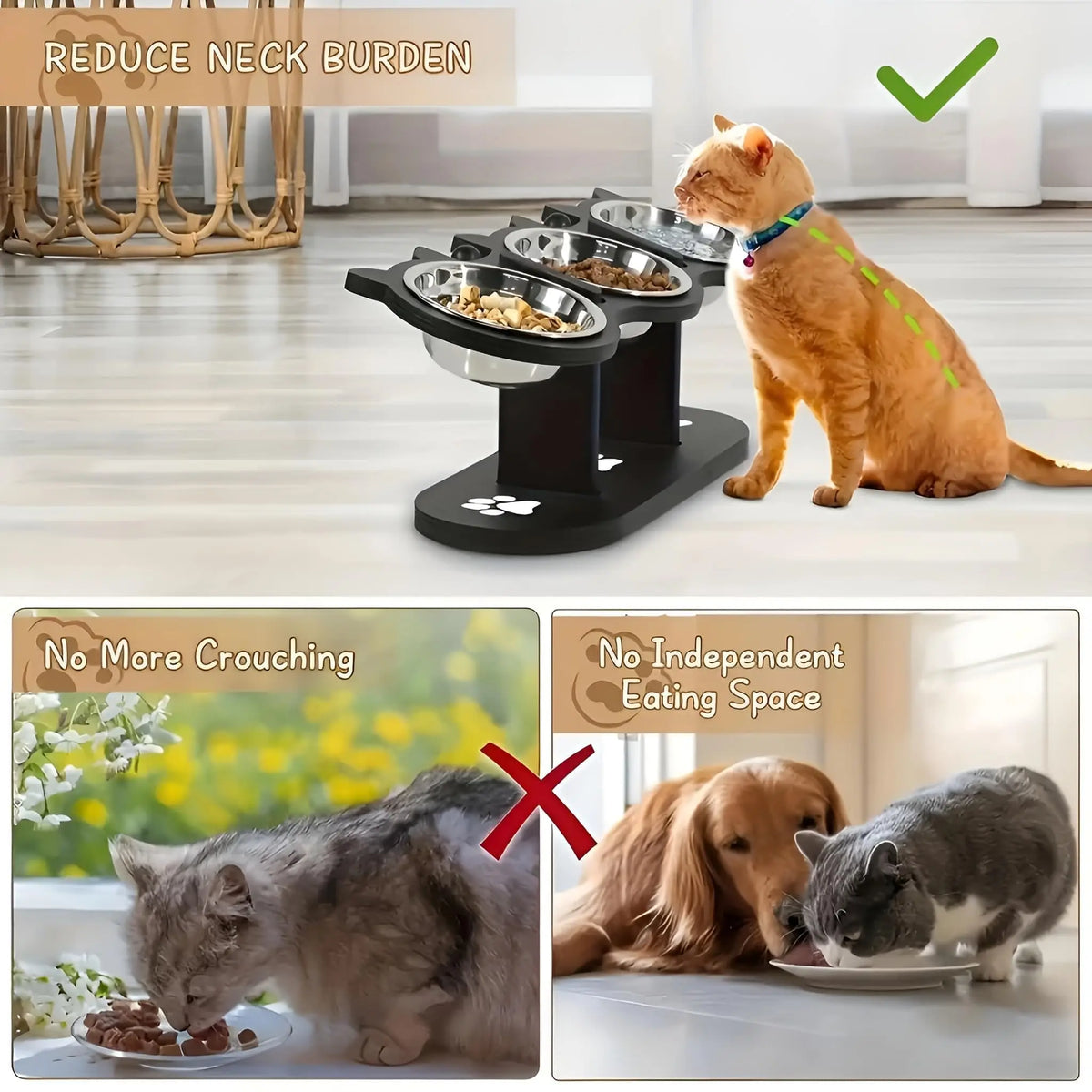 Gamelle Surélevée pour Chat – Support en Bois Noir & Bols Inox | Inclinaison 15°