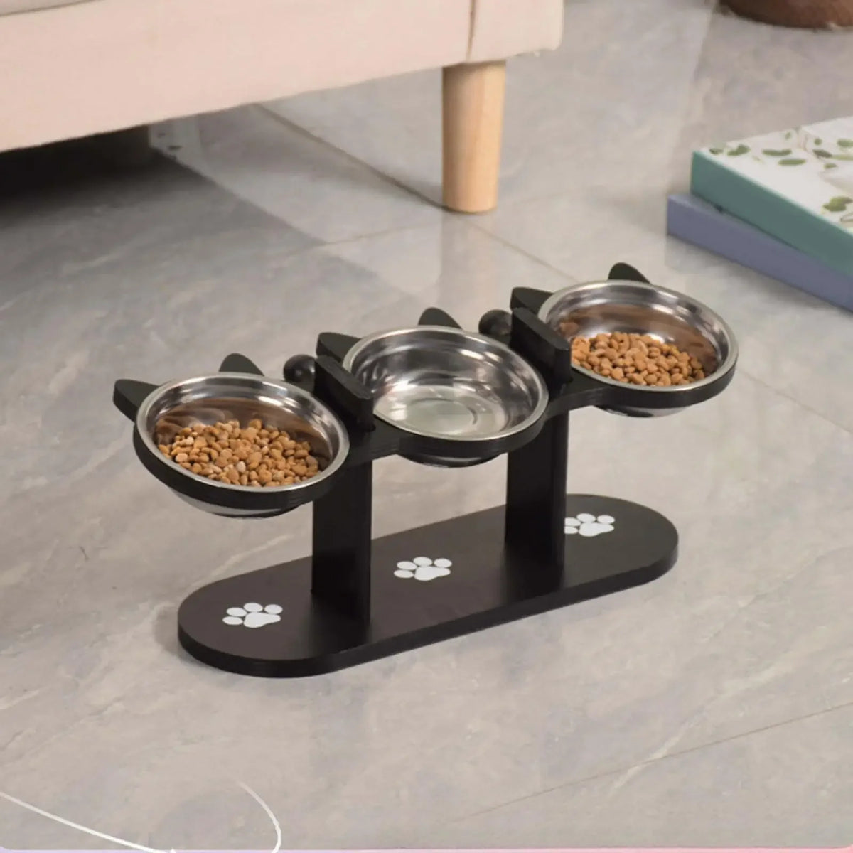 Gamelle Surélevée pour Chat – Support en Bois Noir & Bols Inox | Inclinaison 15°
