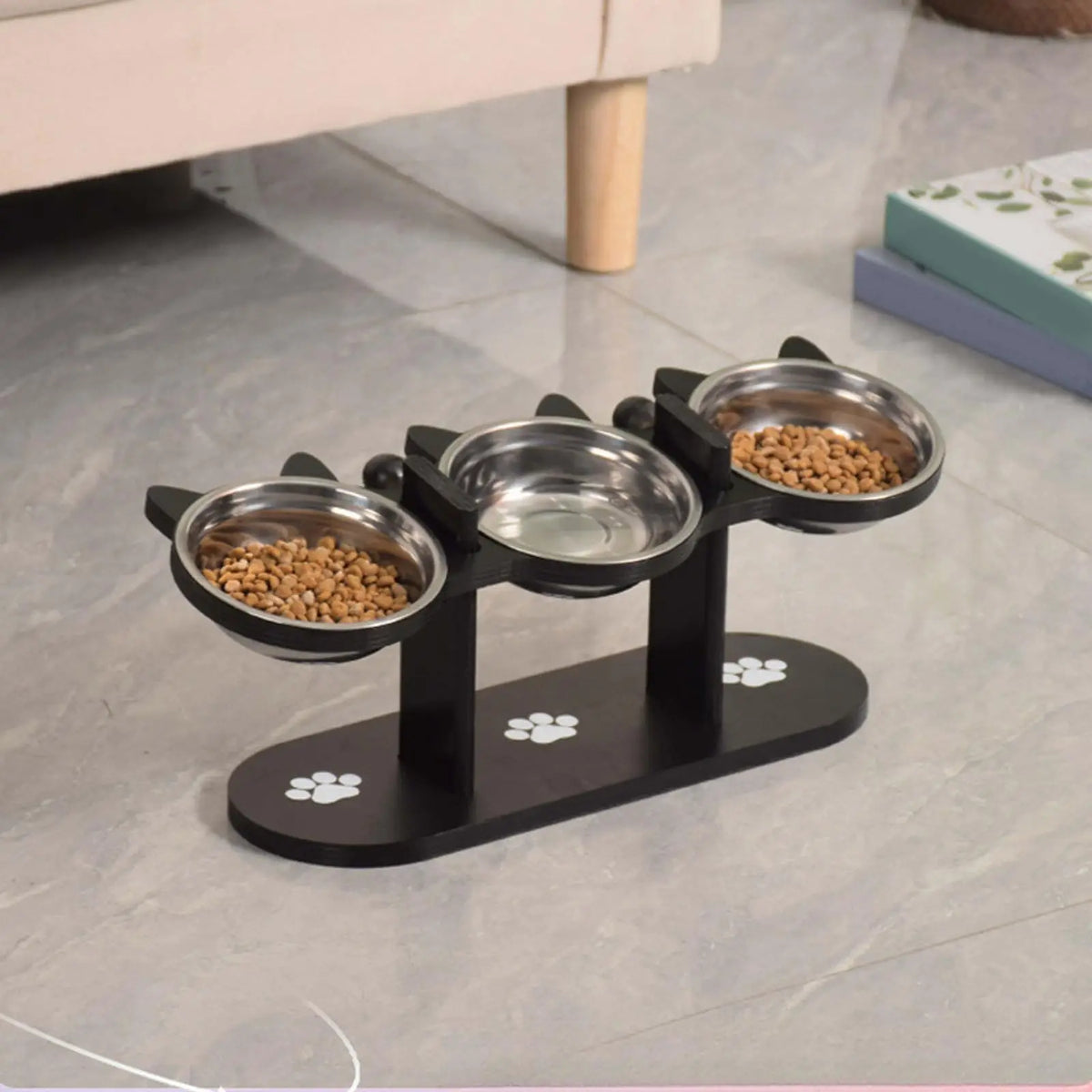 Gamelle Surélevée pour Chat – Support en Bois Noir & Bols Inox | Inclinaison 15°