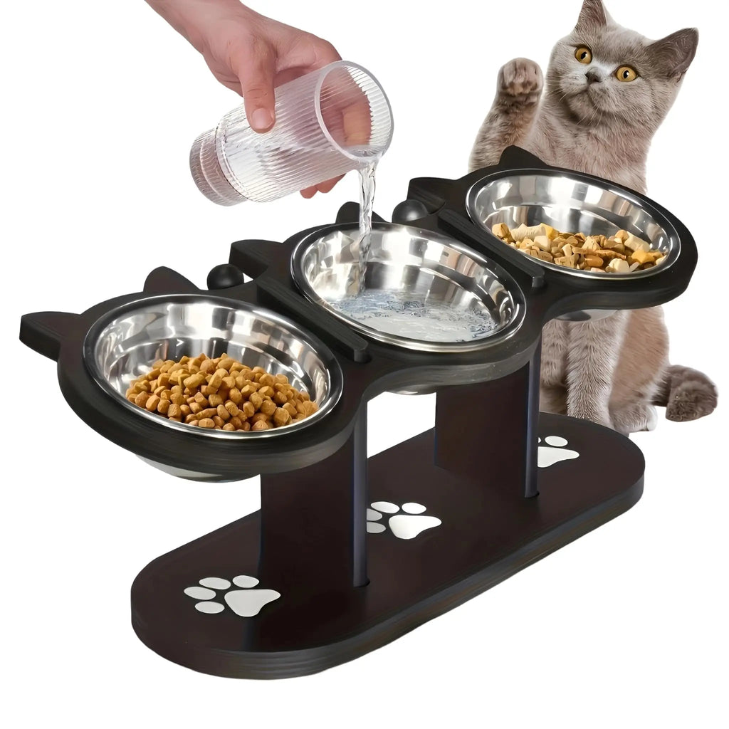 Gamelle Surélevée pour Chat – Support en Bois Noir & Bols Inox | Inclinaison 15°