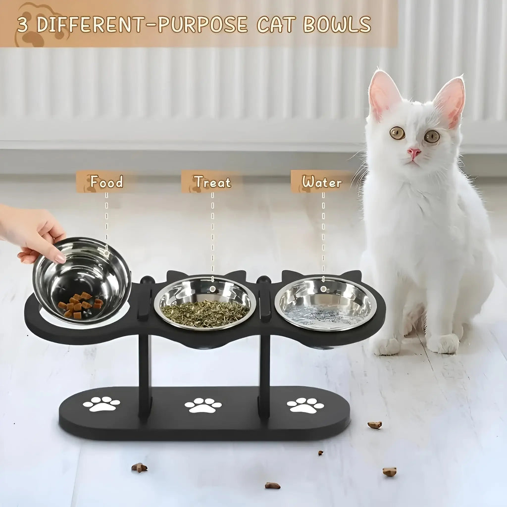 Gamelle Surélevée pour Chat – Support en Bois Noir & Bols Inox | Inclinaison 15°