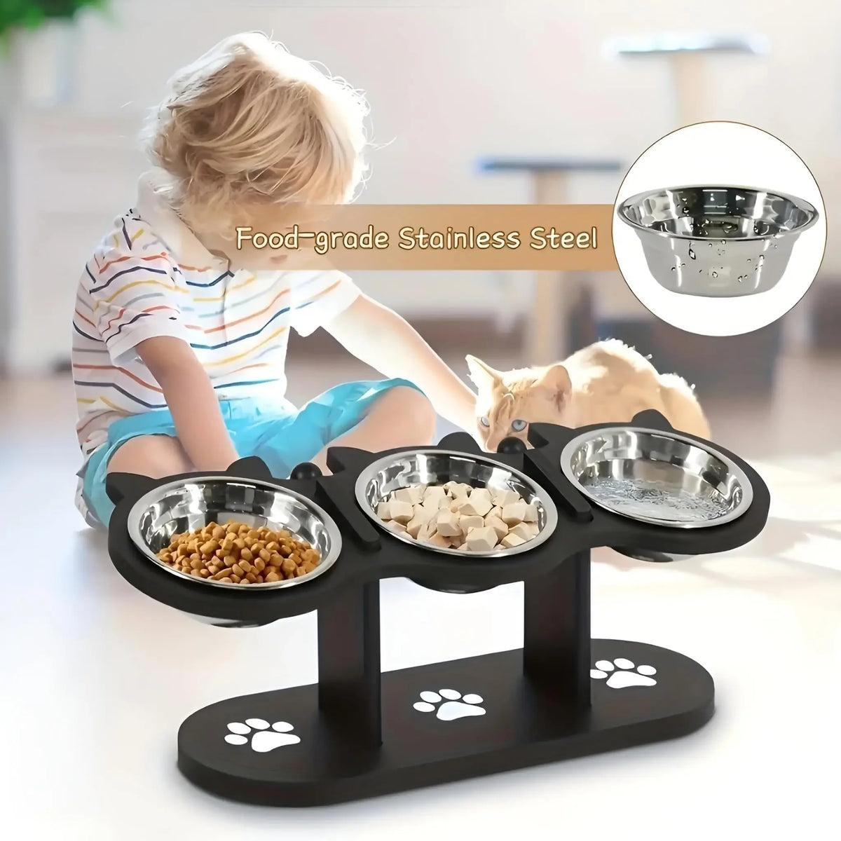 Gamelle Surélevée pour Chat – Support en Bois Noir & Bols Inox | Inclinaison 15°