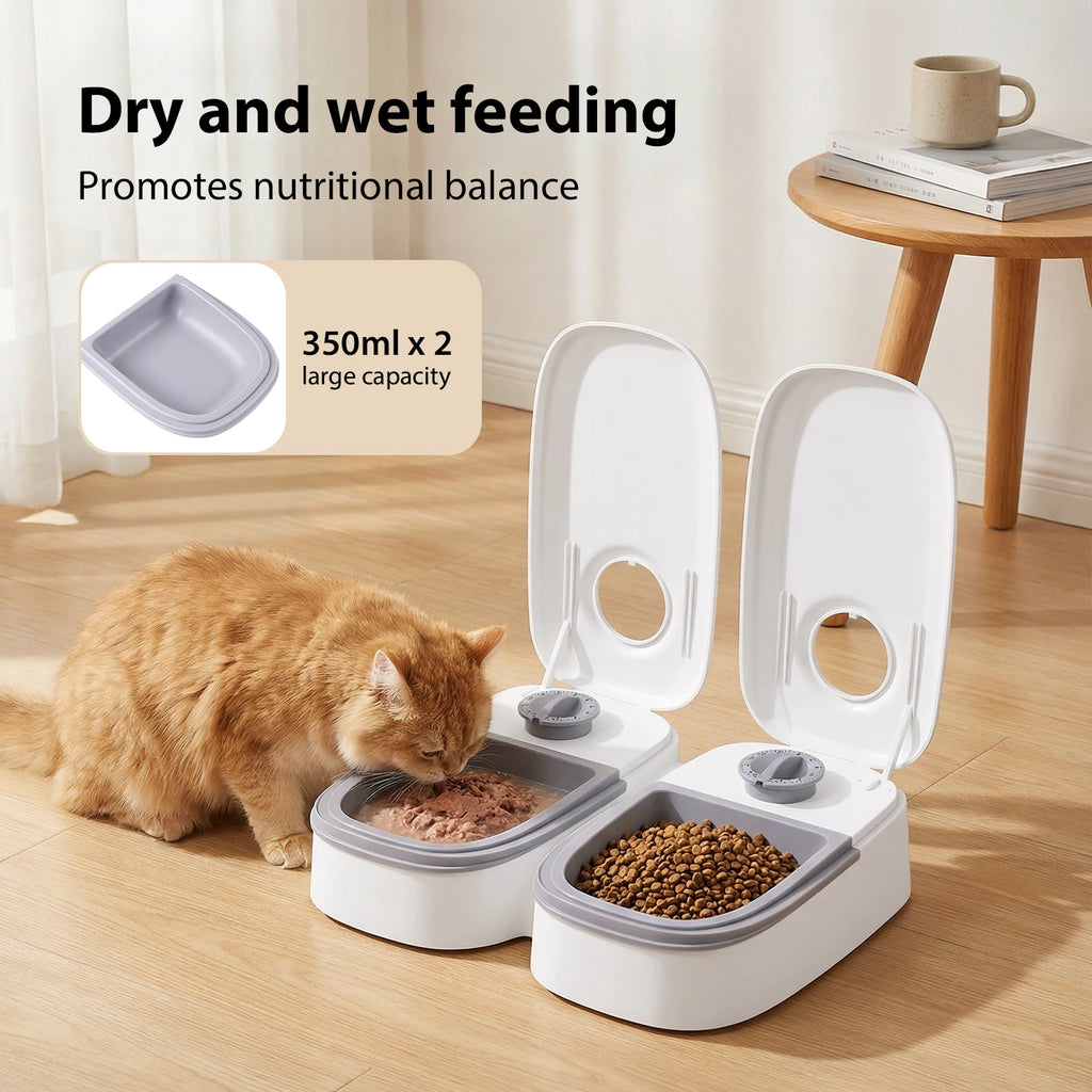 Distributeur Automatique pour Chat – Minuterie 48H, Double Bol Nourriture Sèche & Humide