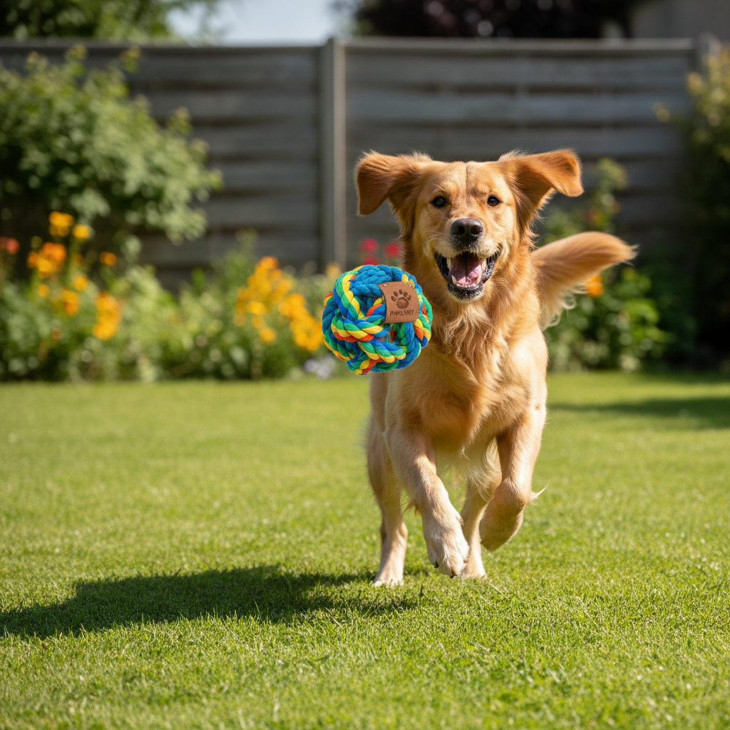 Balle interactive en corde de coton utilisée par un chien